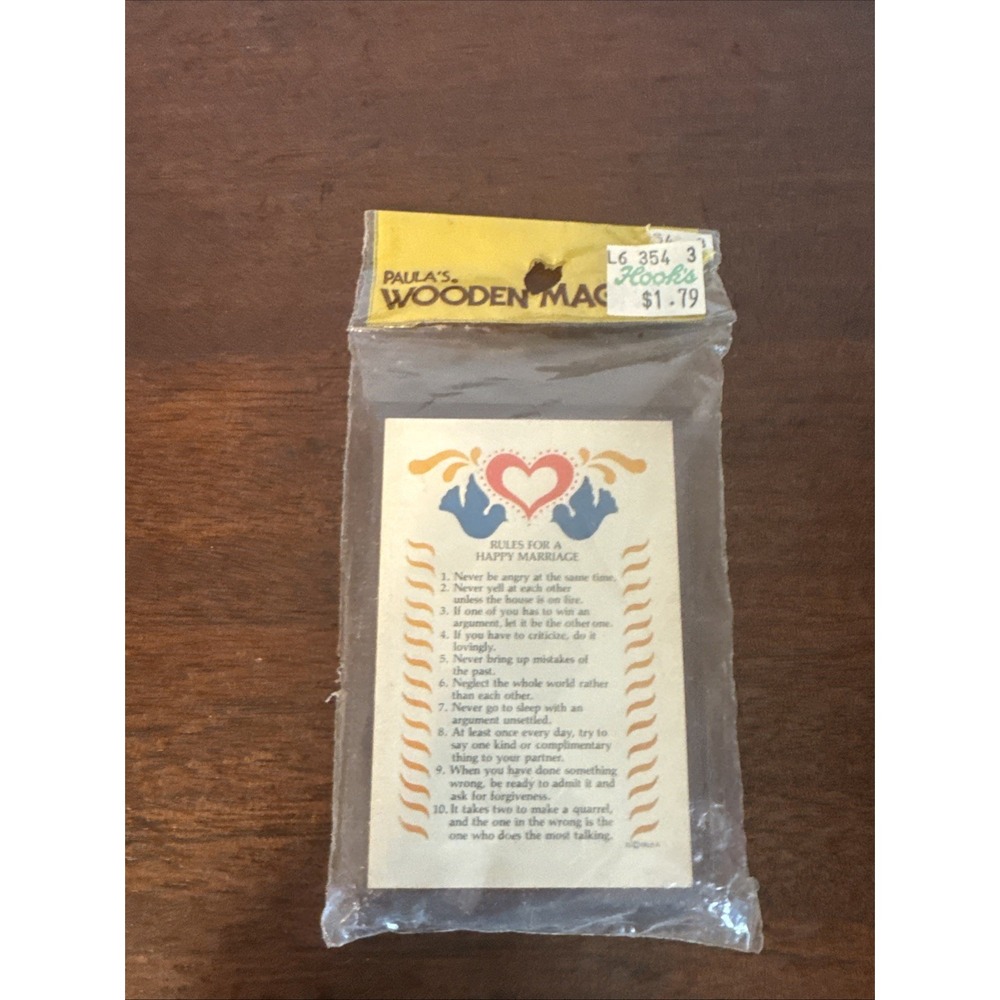 3" "Rules for a Happy Marriage" Paula's Wooden Magnet 1970 NOS